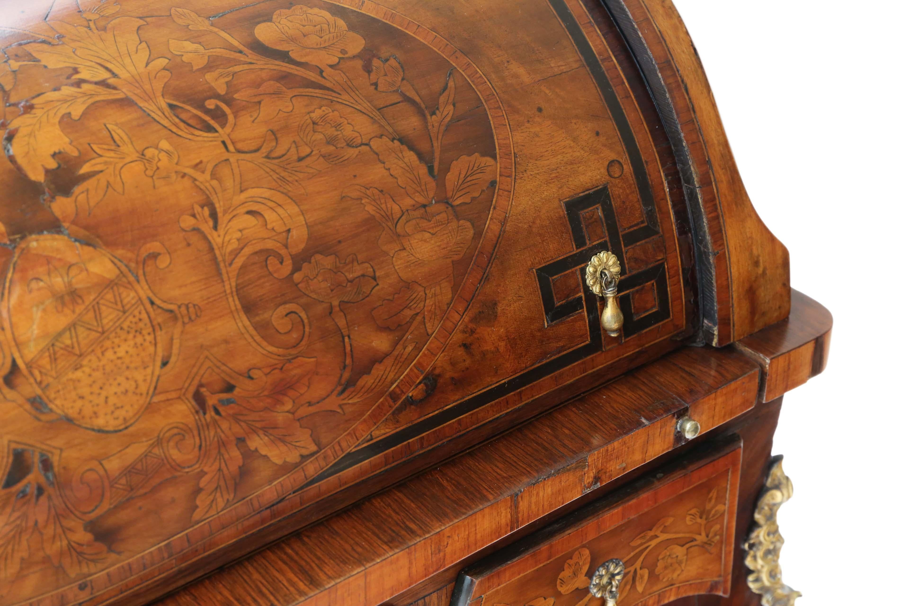 Antique Small 19th Century Marquetry Cylinder Bureau Desk In Good Condition In Wisbech, Cambridgeshire