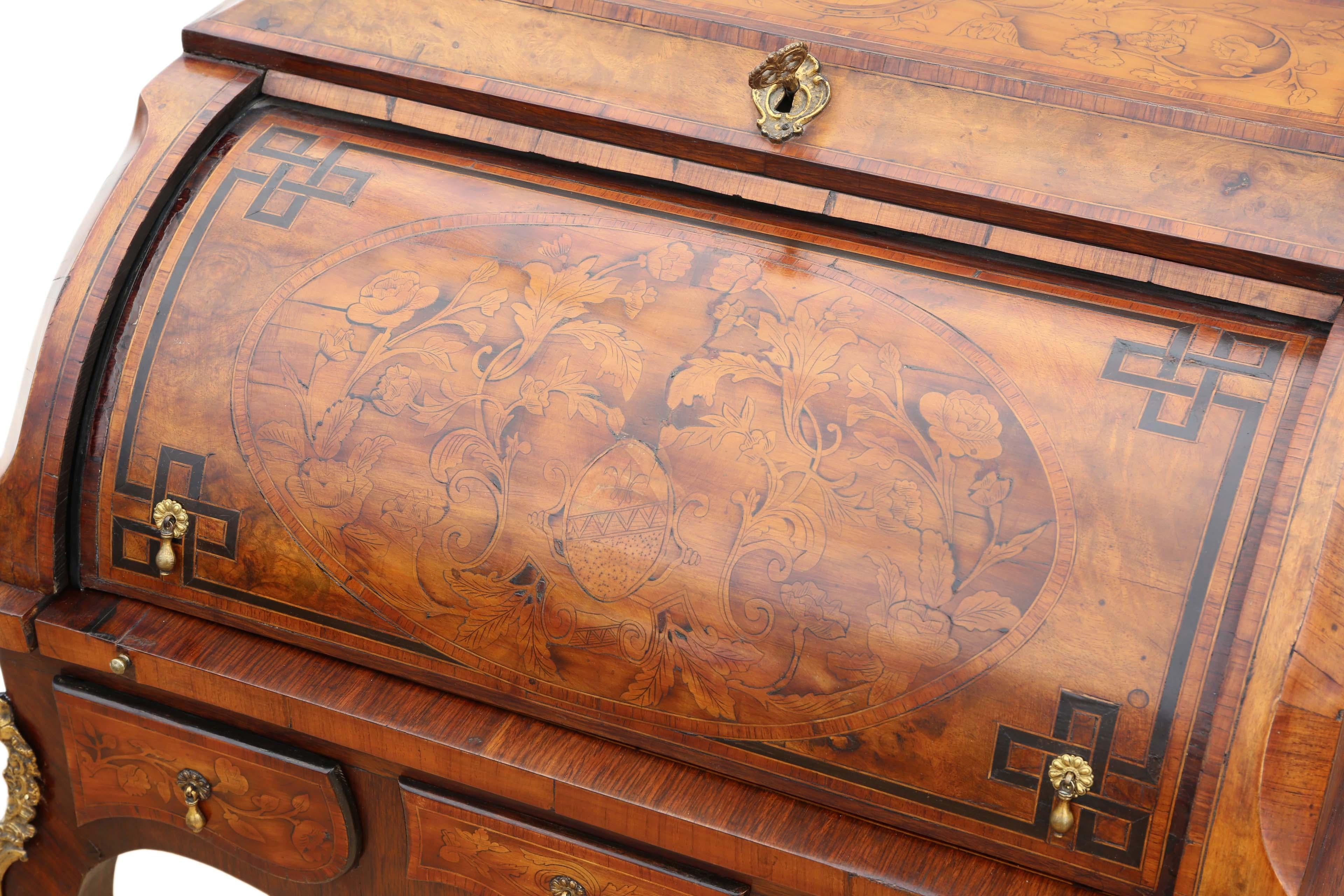 Wood Antique Small 19th Century Marquetry Cylinder Bureau Desk