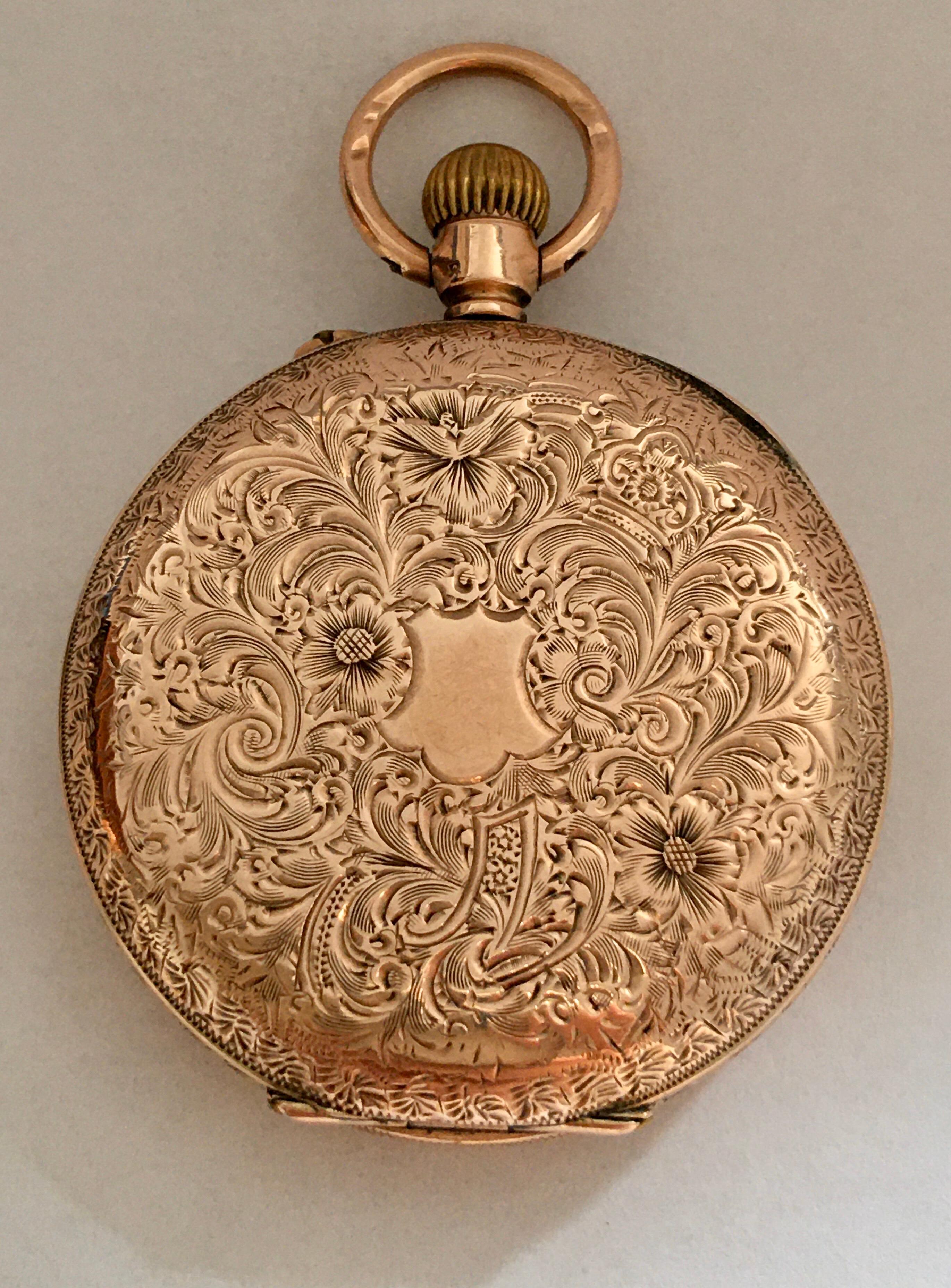 This beautiful 33mm diameter antique gold watch is working and ticking well. Visible signs of ageing and wear with light and tiny scratches on the glass as shown. This watch weighed 26.0 grams

Please study the images carefully as form part of the
