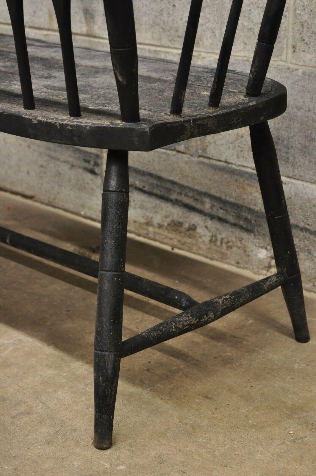 Antique Small Arrow Back Black Distress Painted Wooden Primitive Bench 1