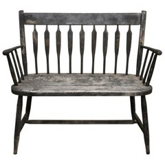 Antique Small Arrow Back Black Distress Painted Wooden Primitive Bench
