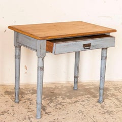 Antique Small Blue Painted Side Table with Pine Top