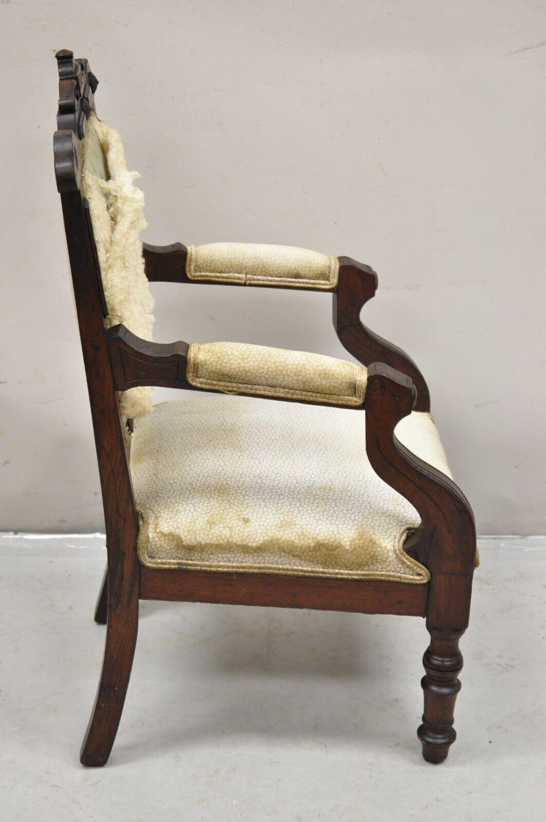 Antique Small Child's Eastlake Victorian Carved Walnut Parlor Arm Chair For Sale 3
