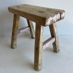 Antique Small Elm Wood Stool with Pink Chippy Paint