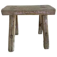 Antique Small Elm Wood Stool with Pink Chippy Paint
