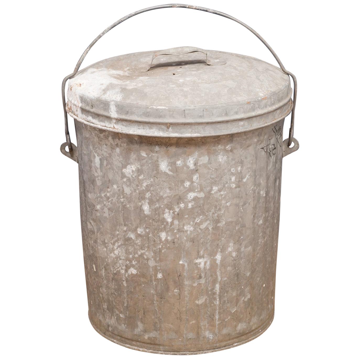 Antique Small Galvanized Steel Trash Can with Handle, circa 1940