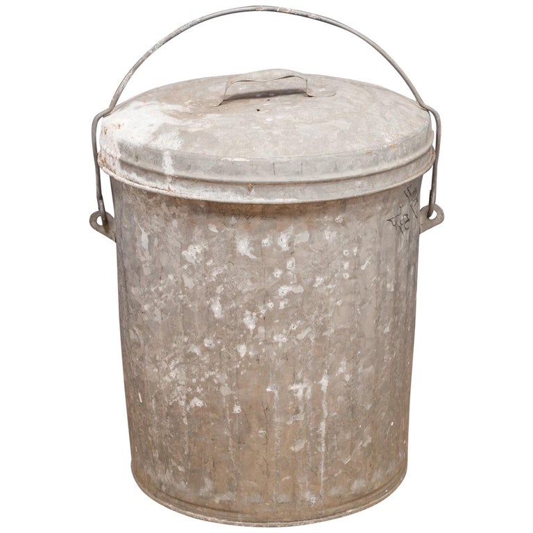 Antique Small Galvanized Steel Trash Can with Handle, circa 1940 at