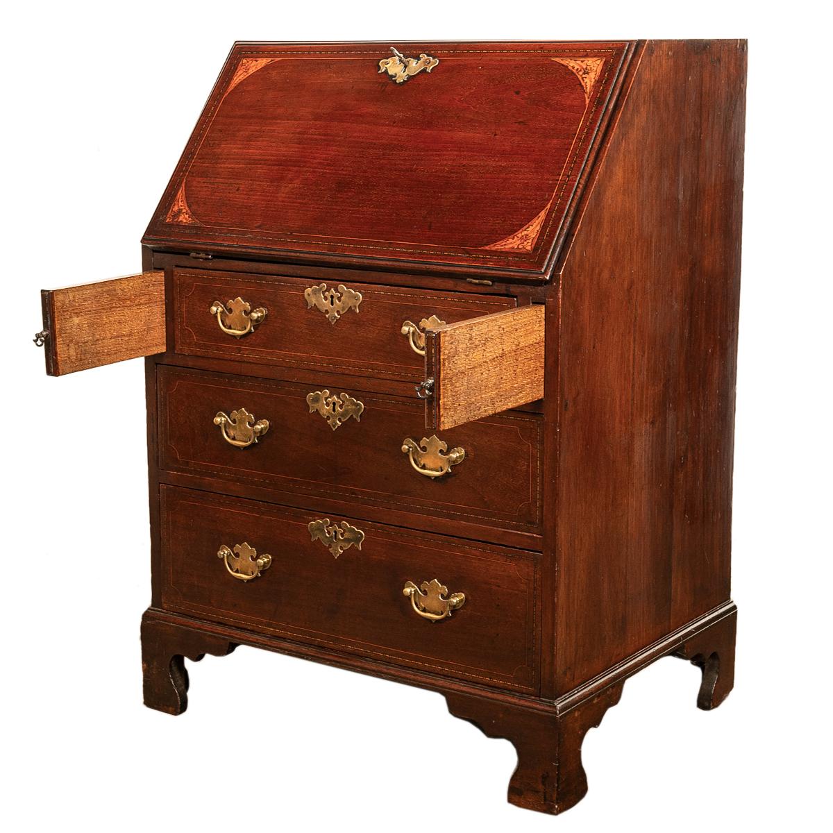 English Antique Small Georgian Inlaid Mahogany Slant Front Secretary Desk Bureau 1780  For Sale