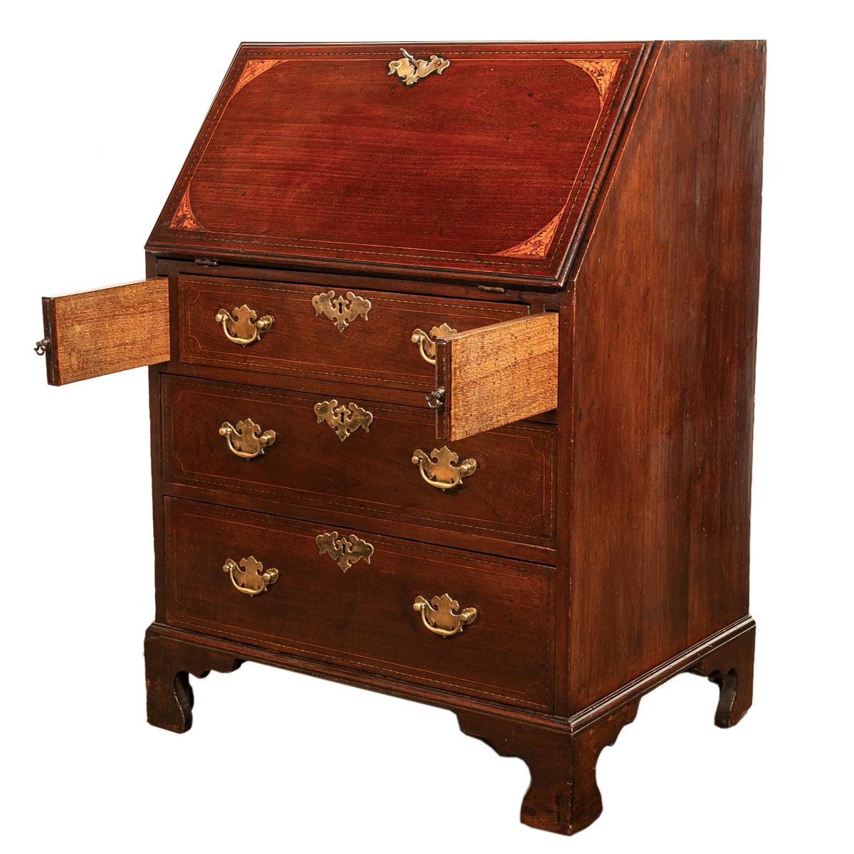 English Antique Small Georgian Inlaid Mahogany Slant Front Secretary Desk Bureau 1780
