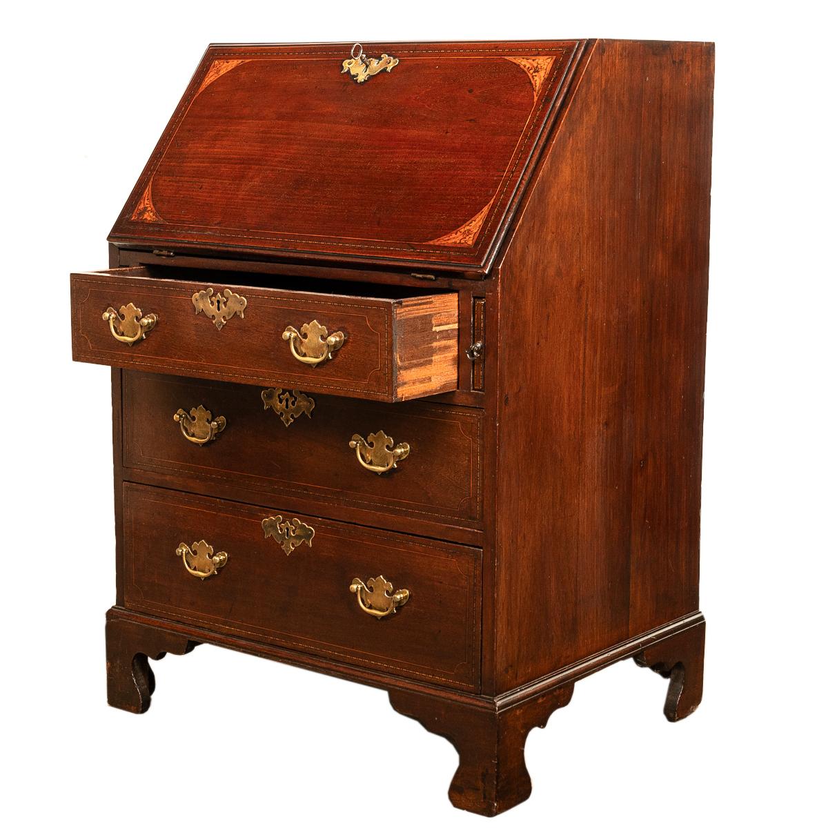 Inlay Antique Small Georgian Inlaid Mahogany Slant Front Secretary Desk Bureau 1780  For Sale