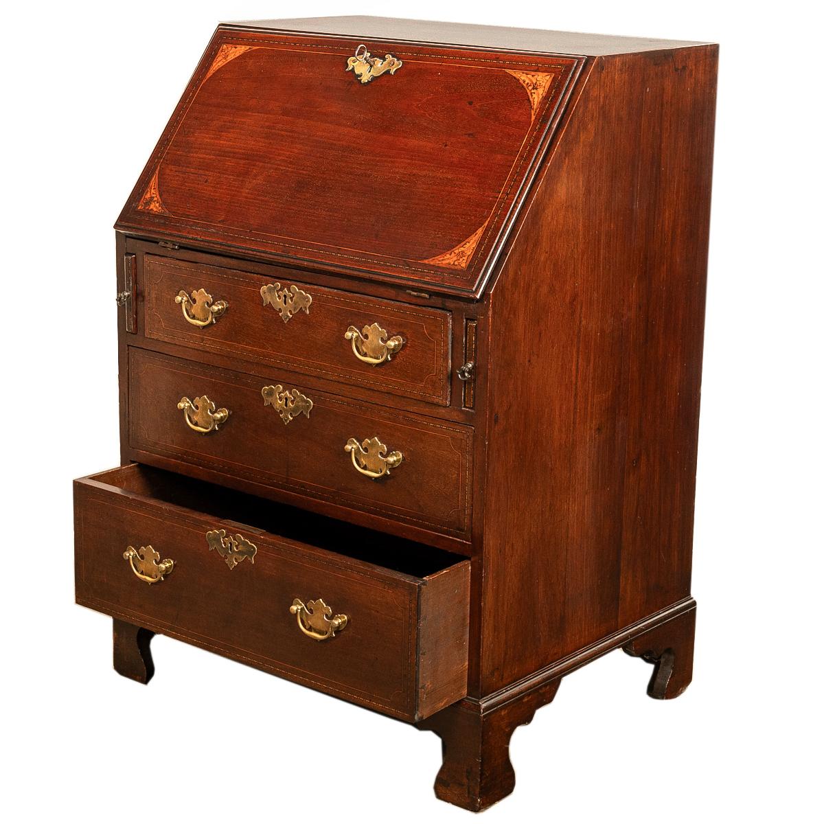 Late 18th Century Antique Small Georgian Inlaid Mahogany Slant Front Secretary Desk Bureau 1780
