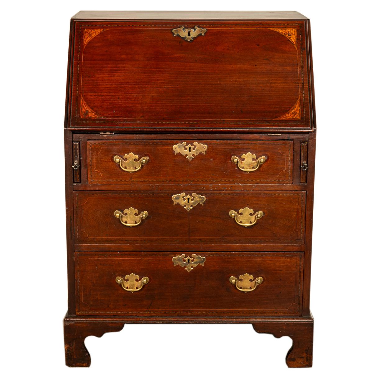 Brass Antique Small Georgian Inlaid Mahogany Slant Front Secretary Desk Bureau 1780  For Sale