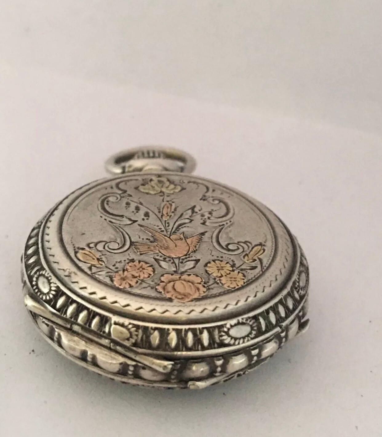 Antique Small Hand Winding Ornate Silver Fob / Pendant Watch For Sale 6