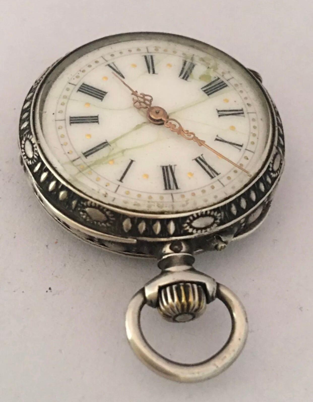 Antique Small Hand Winding Ornate Silver Fob / Pendant Watch For Sale 7