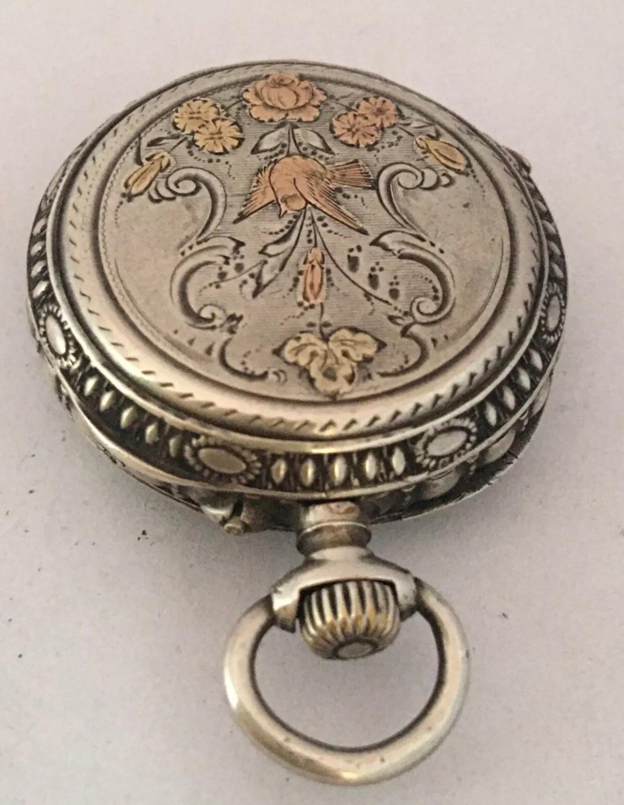 Antique Small Hand Winding Ornate Silver Fob / Pendant Watch For Sale 8