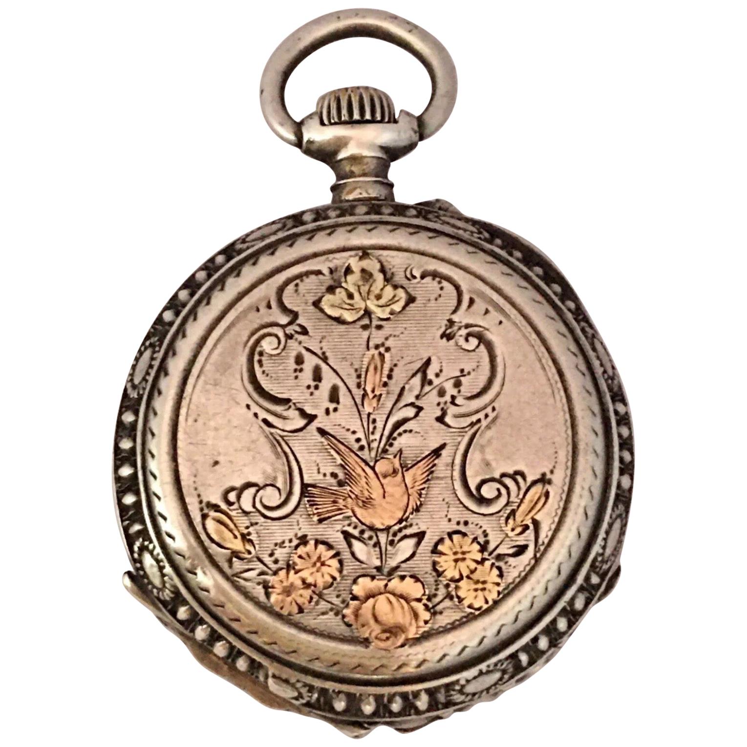 Antique Small Hand Winding Ornate Silver Fob / Pendant Watch For Sale