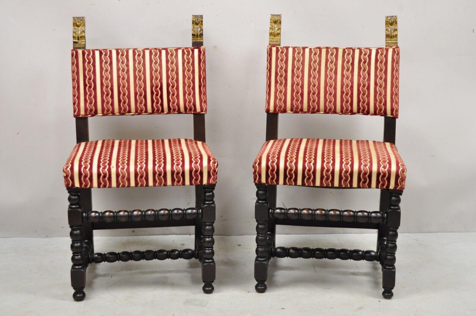 Antique Small Jacobean Style Turn Carved Walnut Accent Side Chairs - a Pair. Item featured is an nice small size, turn carved frame and stretcher base, gilt carved finials, solid wood frames, very nice antique pair, great style and form. Circa Early