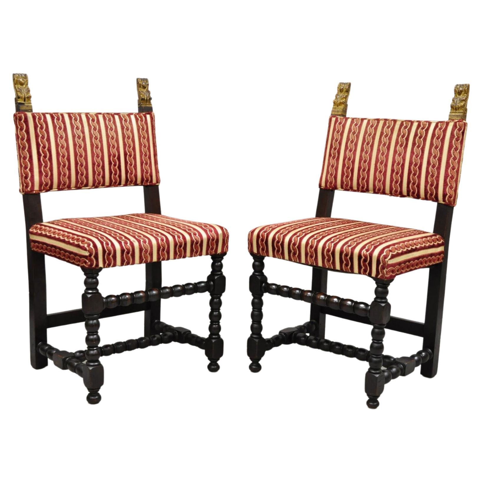 Antique Small Jacobean Style Turn Carved Walnut Accent Side Chairs - a Pair For Sale