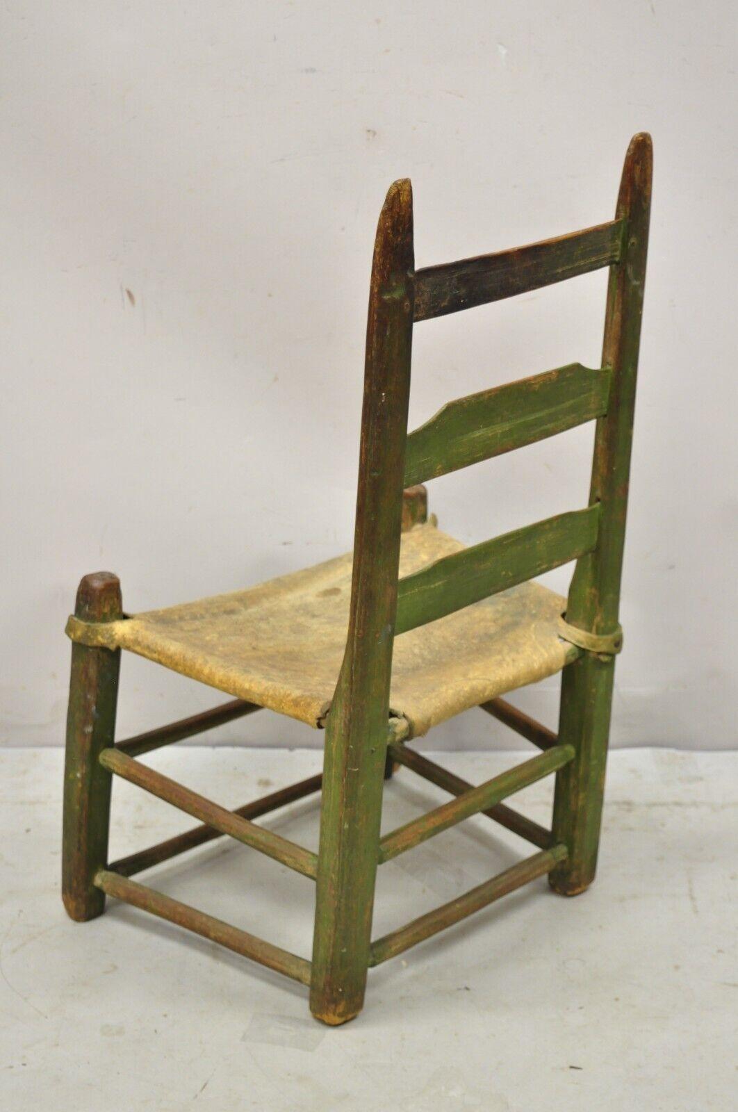 Antique Small Ladder Back Green Primitive Rustic Chair with Deer Hide Seat For Sale 3