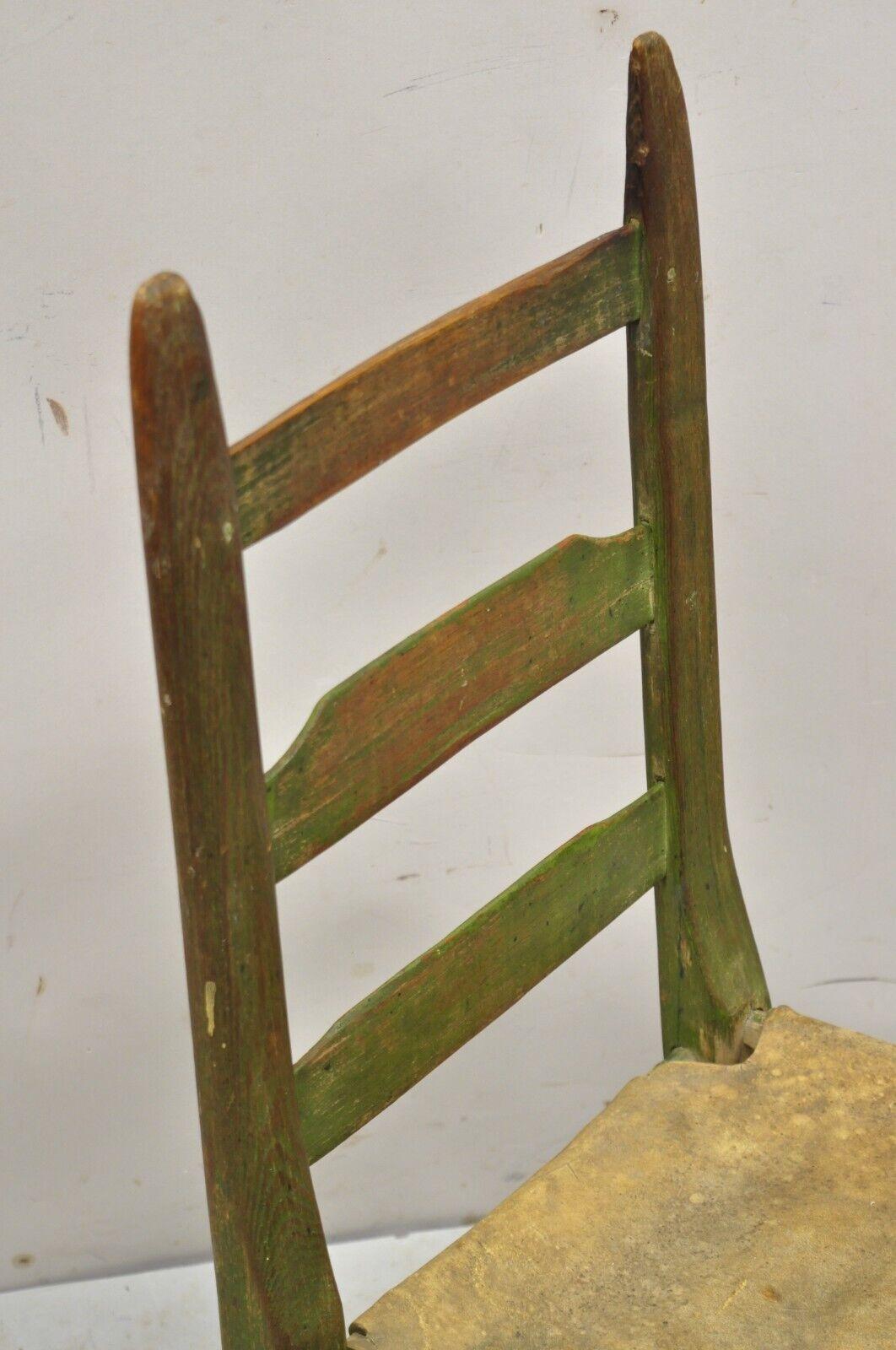 Antique Small Ladder Back Green Primitive Rustic Chair with Deer Hide Seat For Sale 5