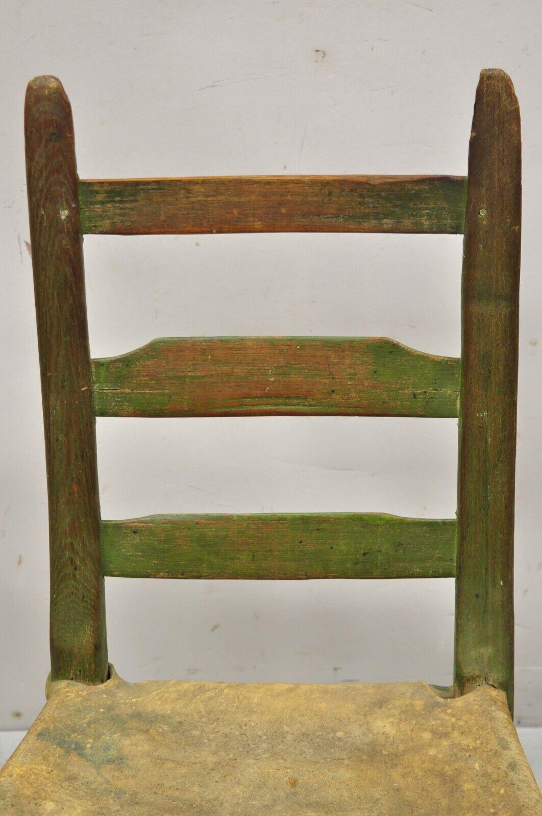 Folk Art Antique Small Ladder Back Green Primitive Rustic Chair with Deer Hide Seat For Sale