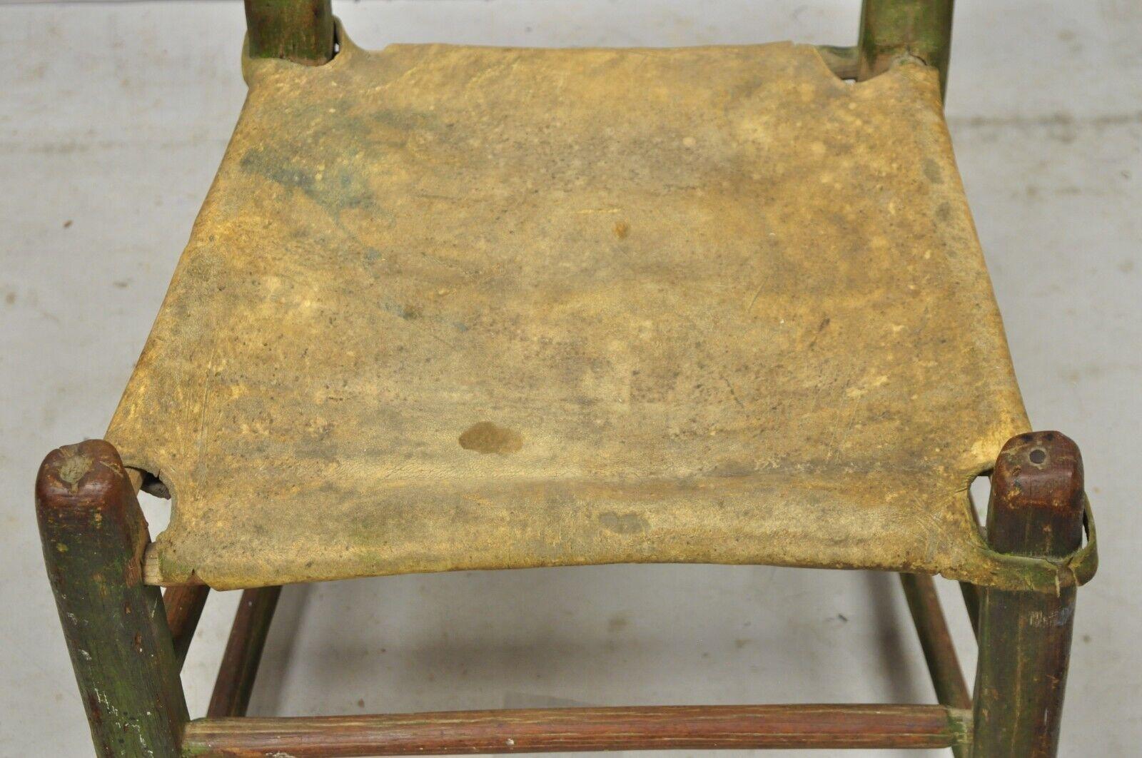 Antique Small Ladder Back Green Primitive Rustic Chair with Deer Hide Seat In Good Condition For Sale In Philadelphia, PA