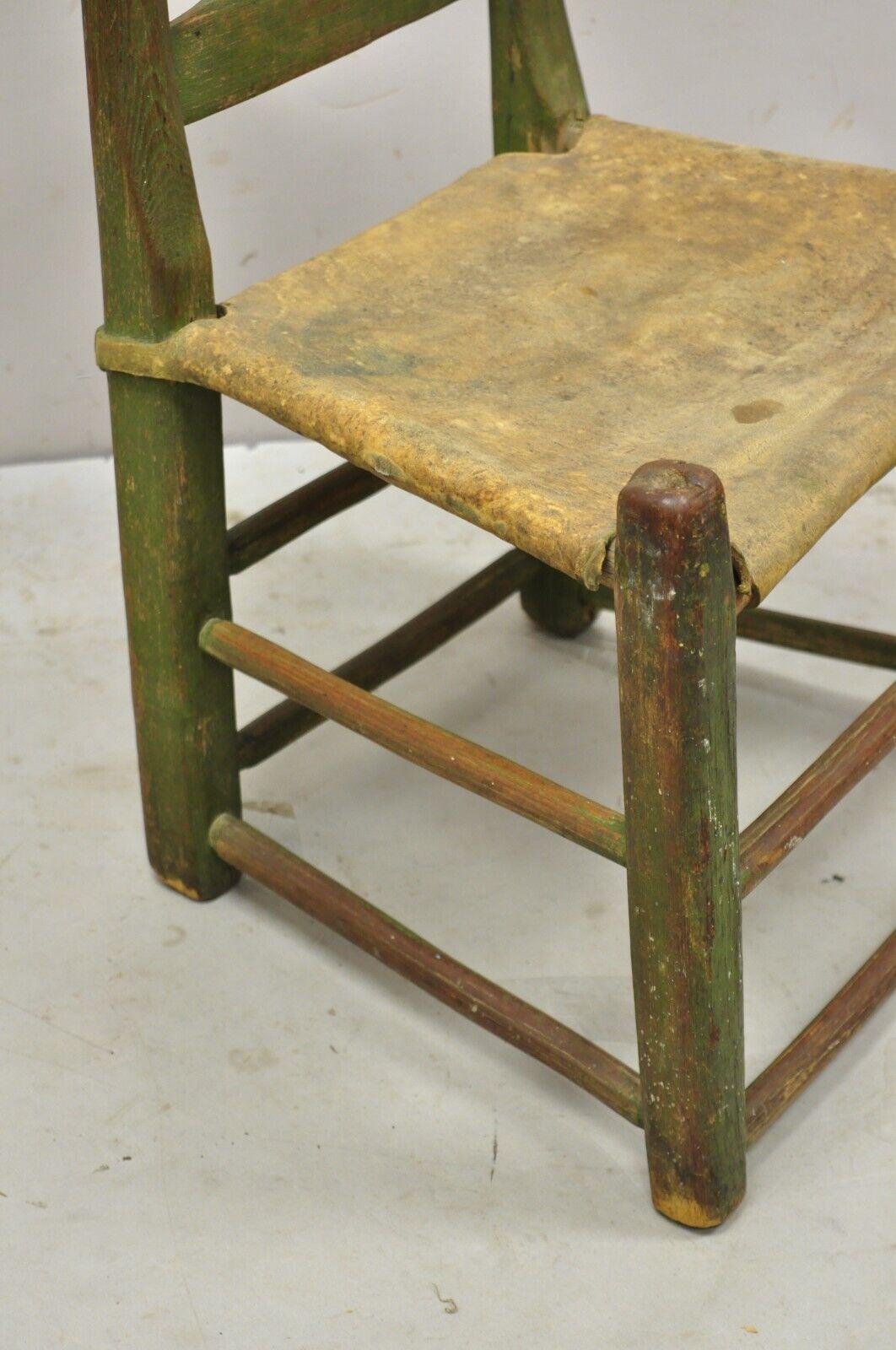 19th Century Antique Small Ladder Back Green Primitive Rustic Chair with Deer Hide Seat For Sale