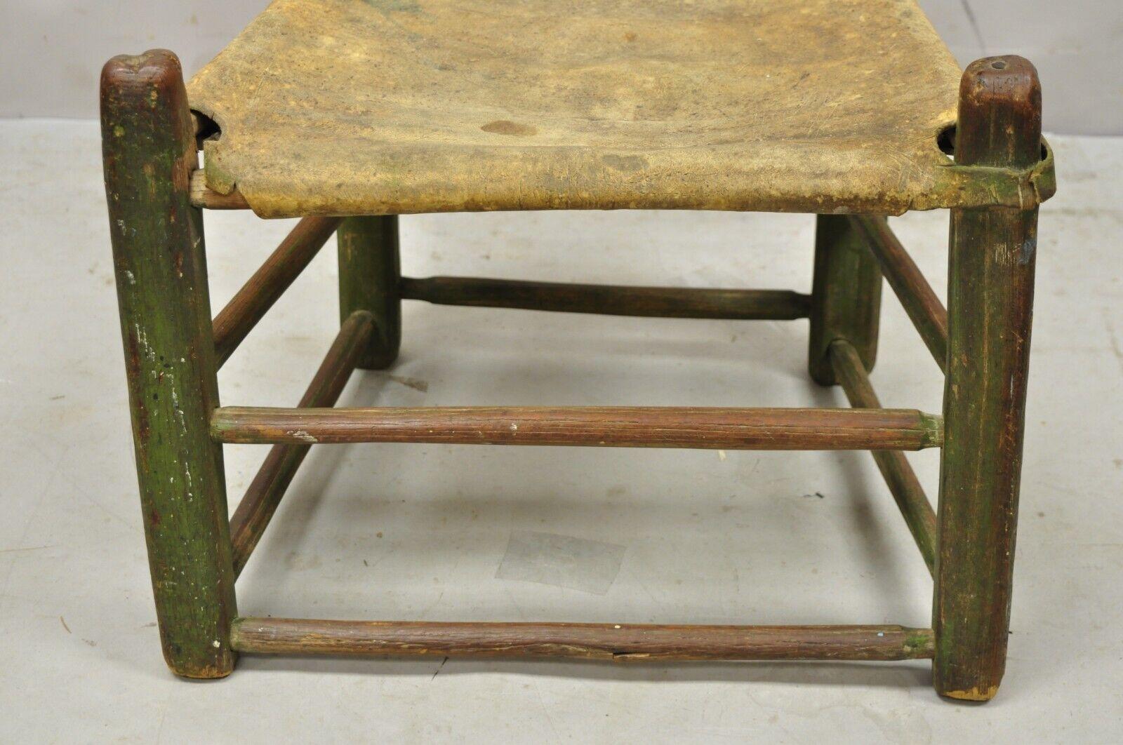Leather Antique Small Ladder Back Green Primitive Rustic Chair with Deer Hide Seat For Sale