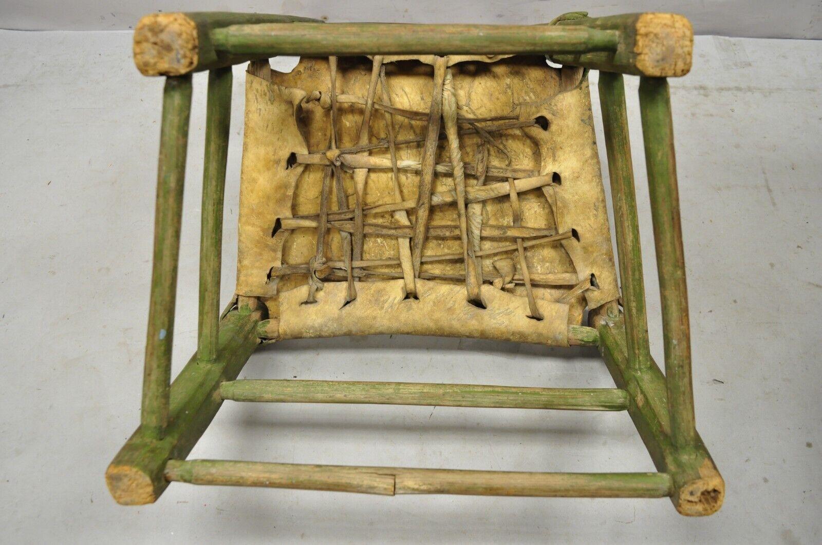 Antique Small Ladder Back Green Primitive Rustic Chair with Deer Hide Seat For Sale 2