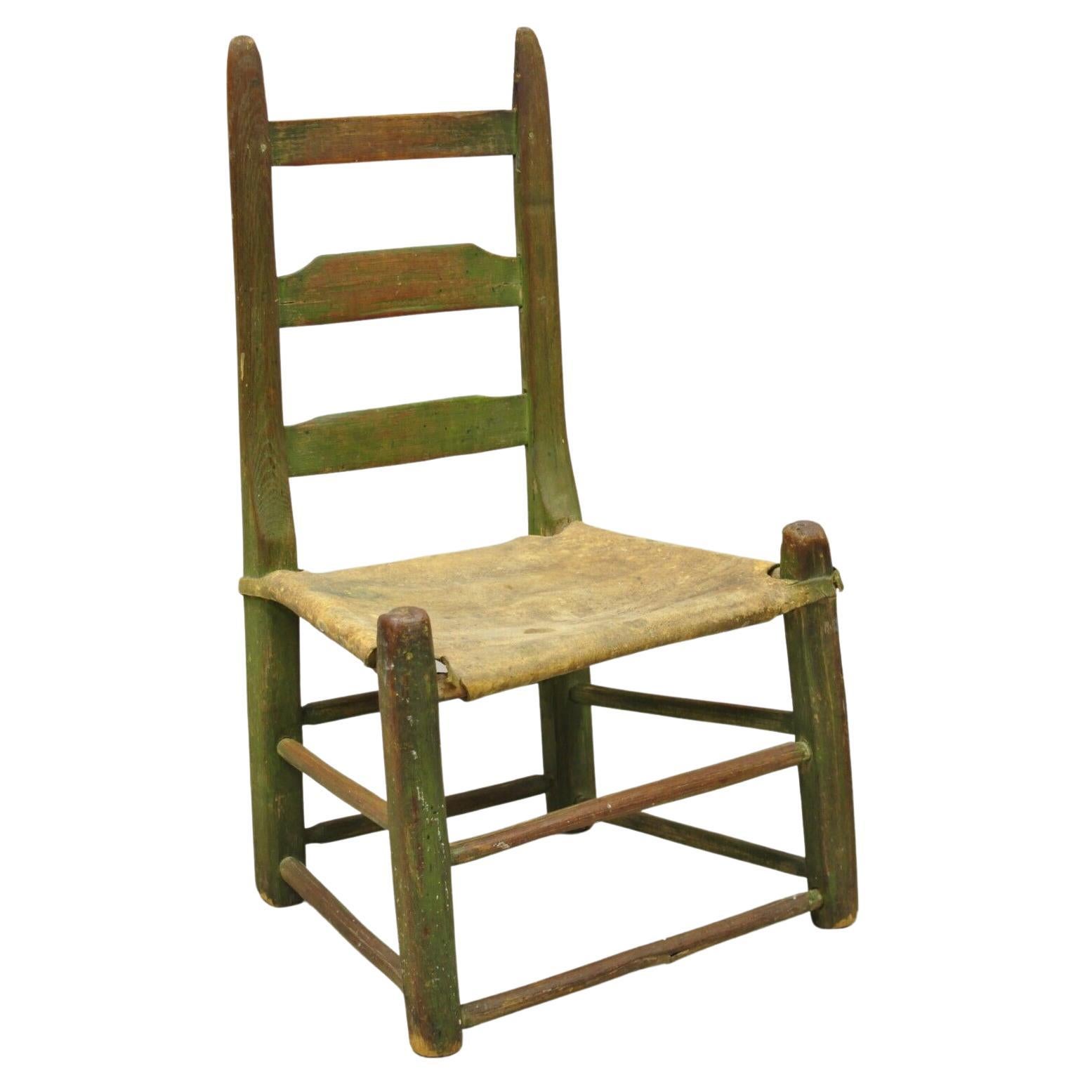Antique Small Ladder Back Green Primitive Rustic Chair with Deer Hide Seat For Sale