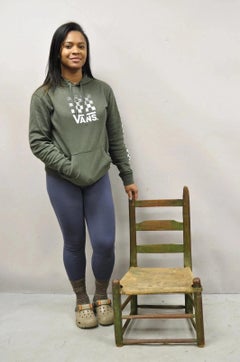 Antique Small Ladder Back Green Primitive Rustic Childs Chair w/ Deer Hide Seat