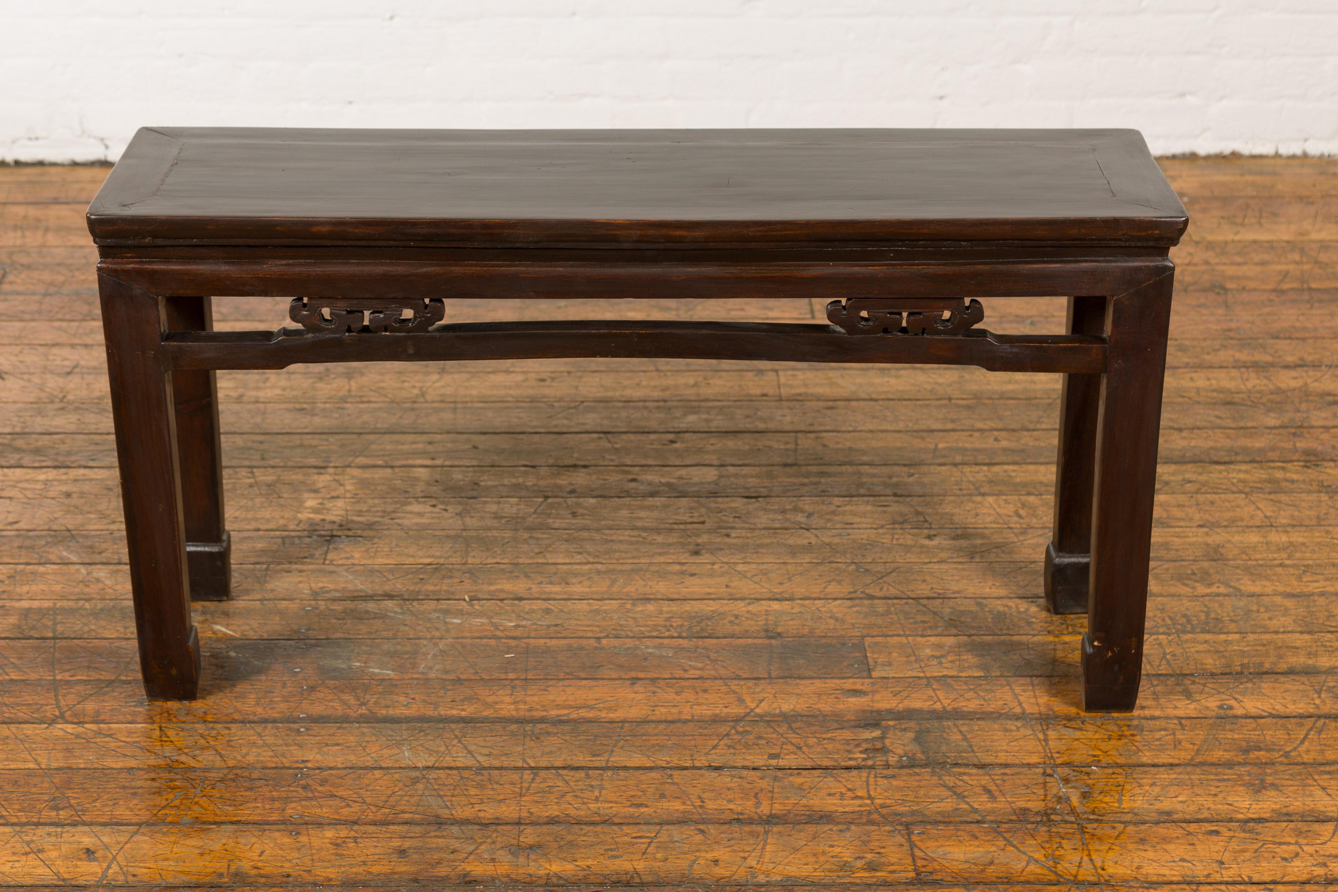 Chinese Antique Small Narrow Table with Rubbed Brown Patina and Carved Apron For Sale