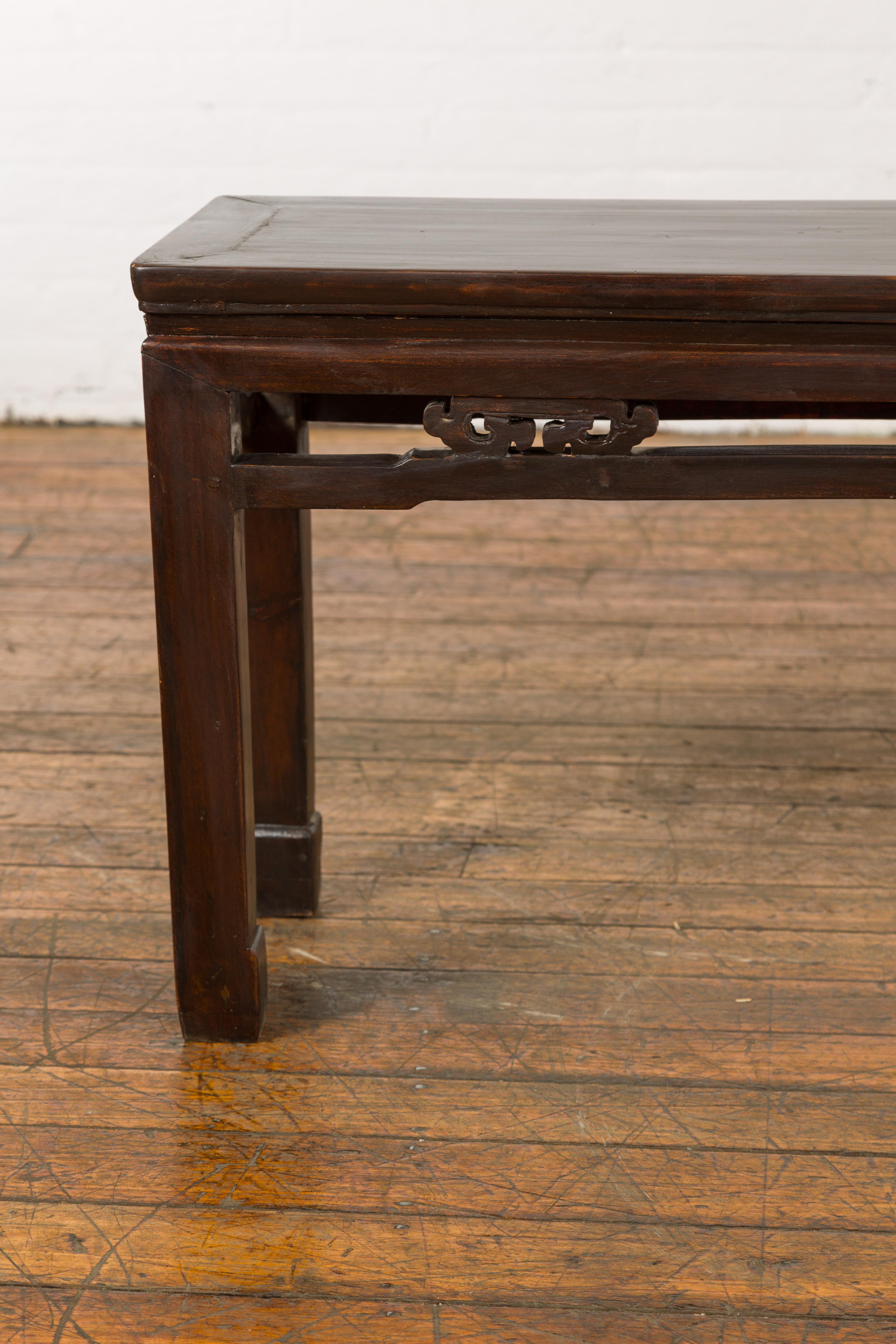 Antique Small Narrow Table with Rubbed Brown Patina and Carved Apron In Good Condition For Sale In Yonkers, NY