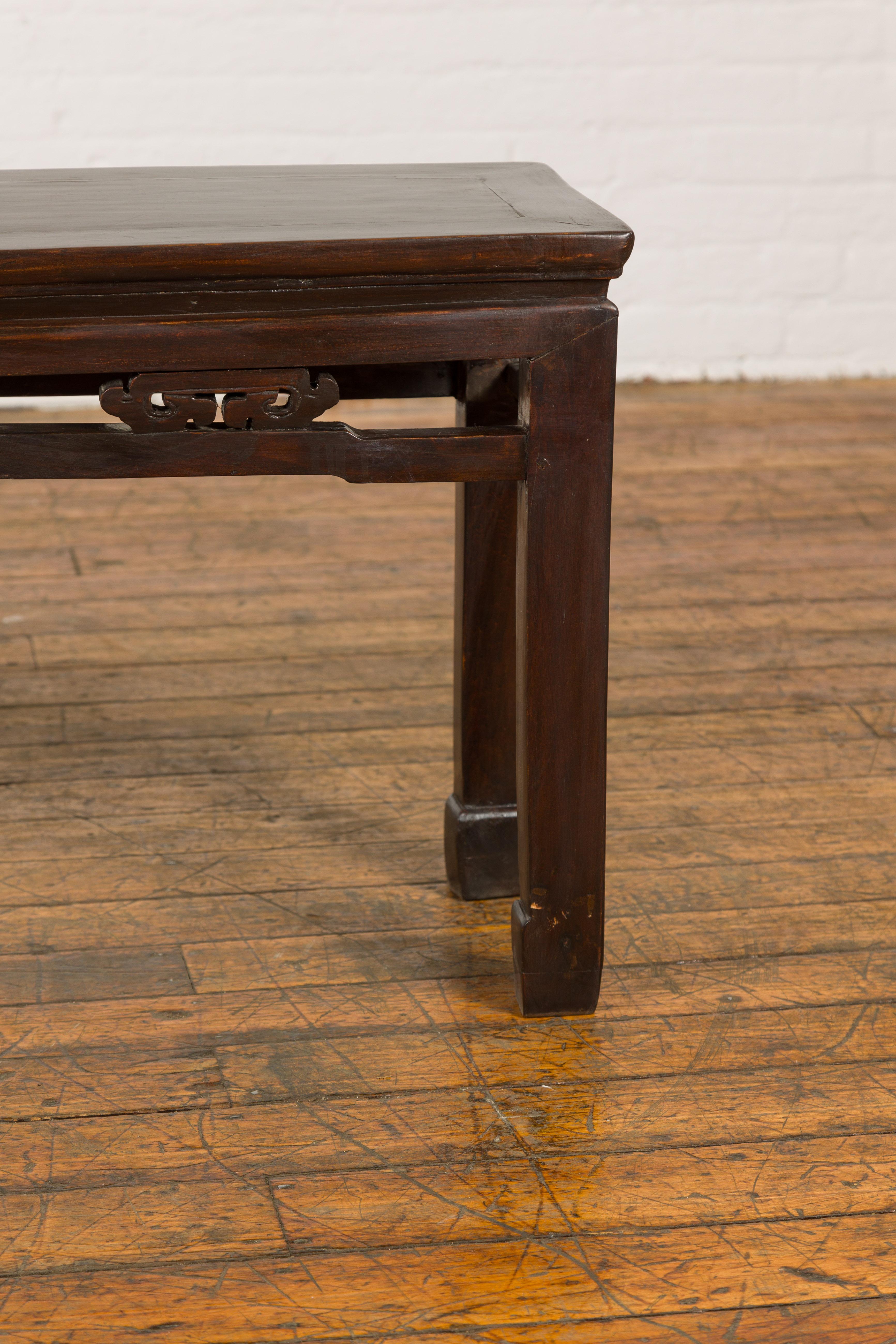 20th Century Antique Small Narrow Table with Rubbed Brown Patina and Carved Apron For Sale
