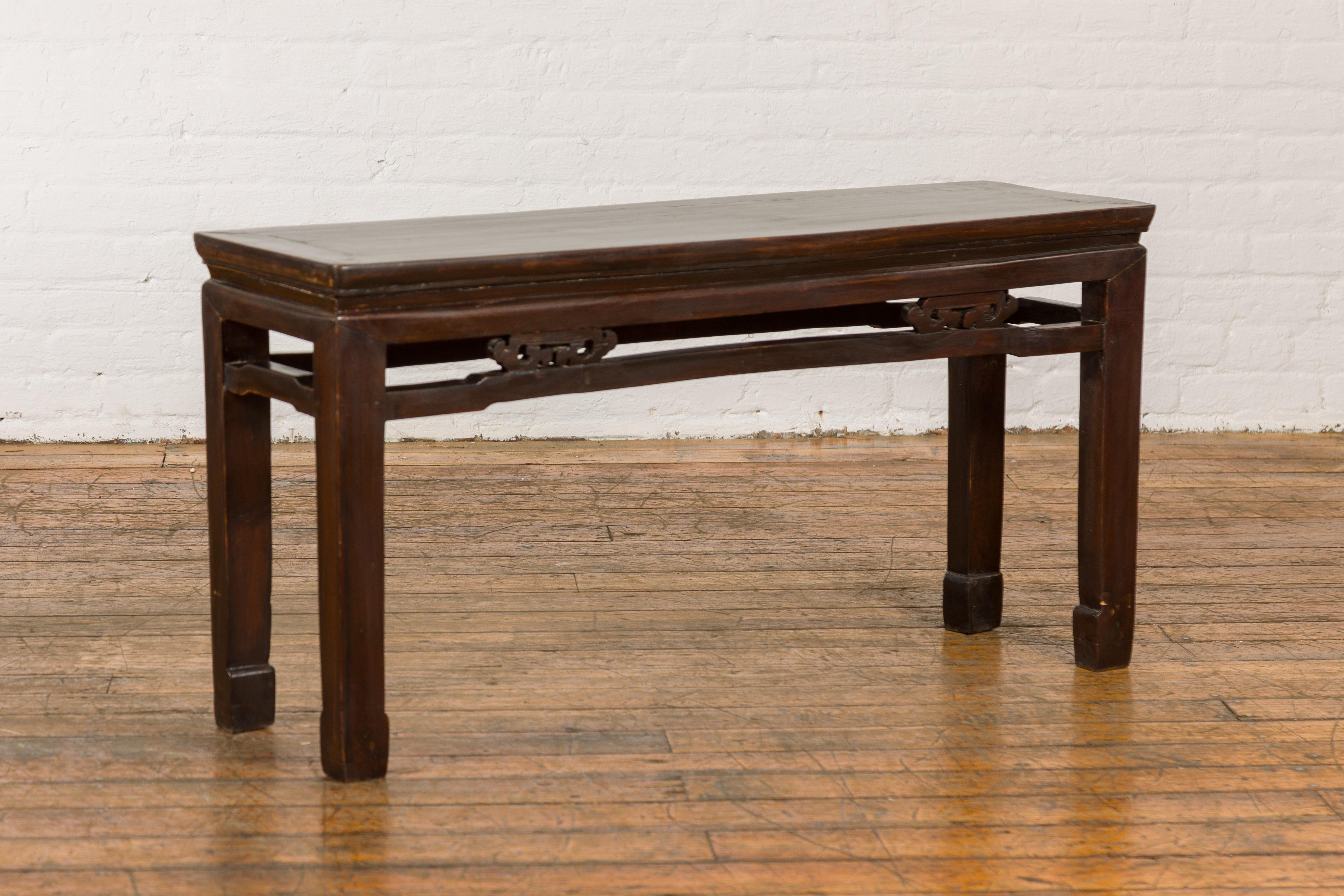 Antique Small Narrow Table with Rubbed Brown Patina and Carved Apron For Sale 2