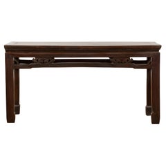 Antique Small Narrow Table with Rubbed Brown Patina and Carved Apron