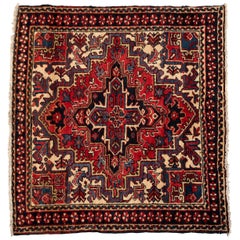 Antique Small Persian Red Ivory Navy Blue Geometric Square Heriz Rug circa 1950s
