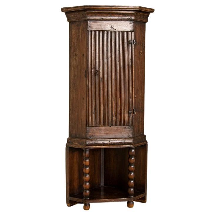 Antique Small Pine Standing Corner Cabinet with Lower Shelf from Sweden