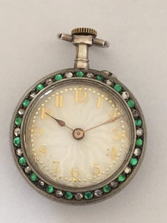 Antique Small Pocket Watch Set Throughout with Round Cut Gemstones, Enamel Dial