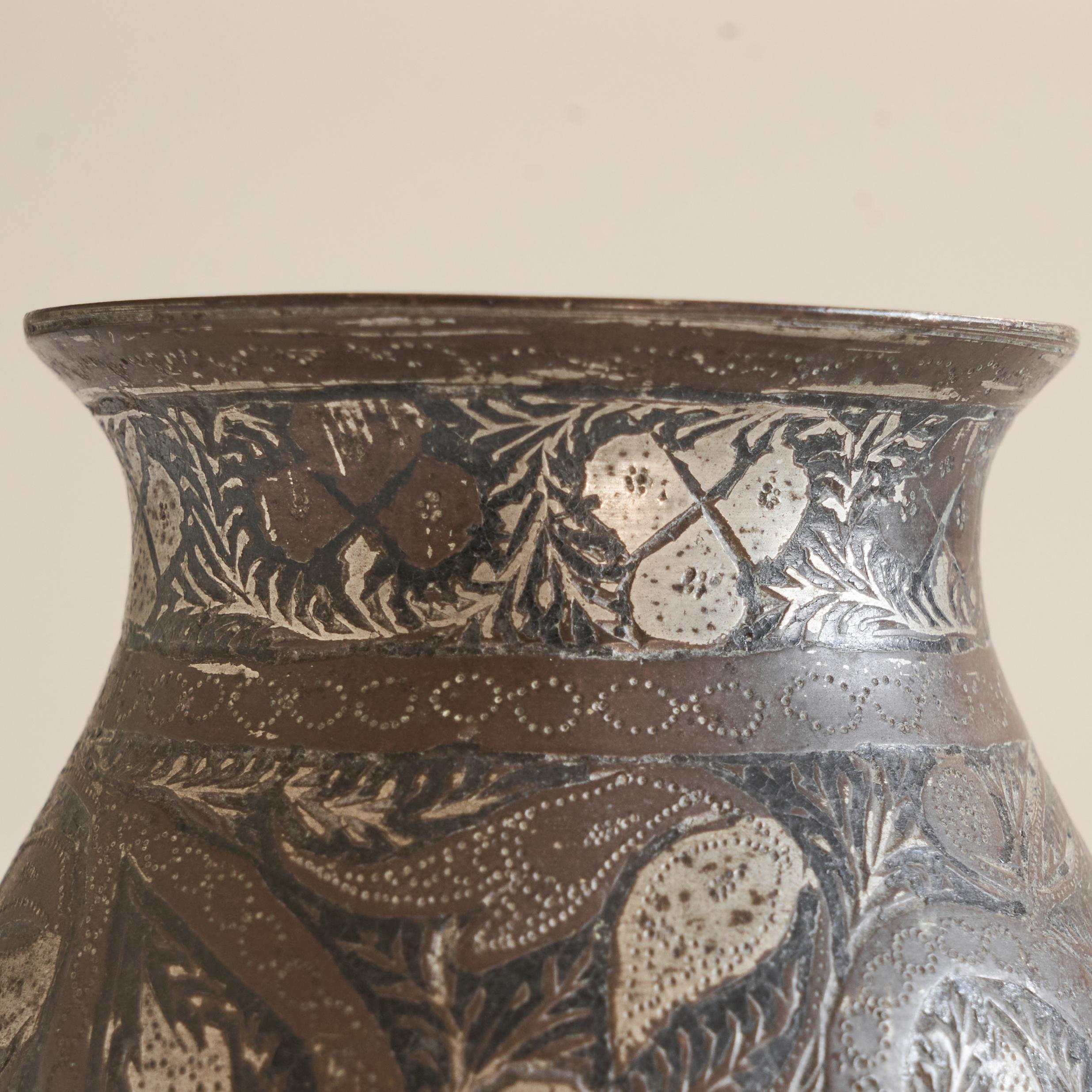Zinc Antique Small Pyriform Shaped 'Bidri' Vase For Sale