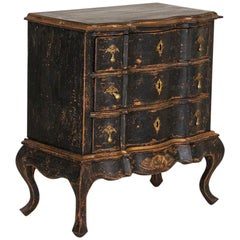 Antique Small Rococo Black Painted Chest of Drawers Nightstand