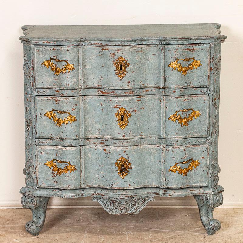 Swedish Antique Small Rococo Blue Painted Chest of Drawers Nightstand