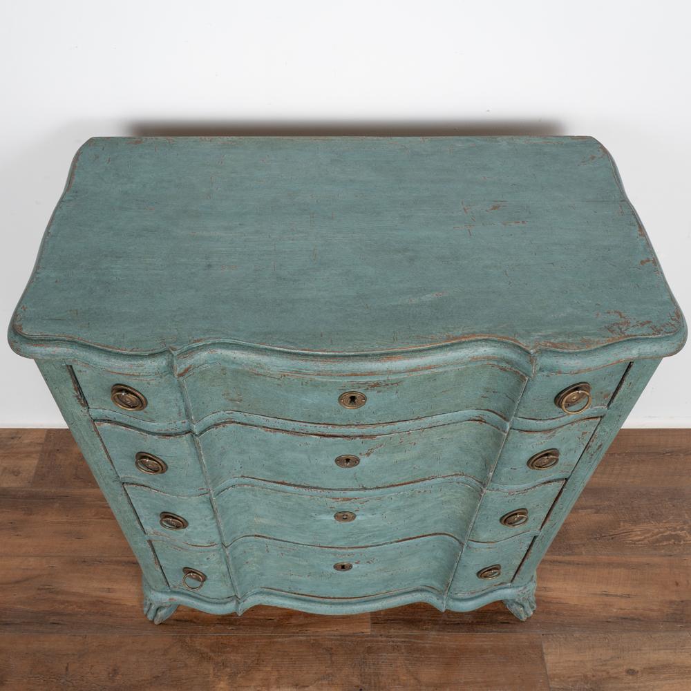 Antique Small Rococo Chest of Four Drawers Painted Blue, Denmark, Circa 1820-40 6