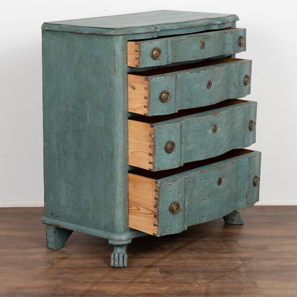 Danish Antique Small Rococo Chest of Four Drawers Painted Blue, Denmark, Circa 1820-40