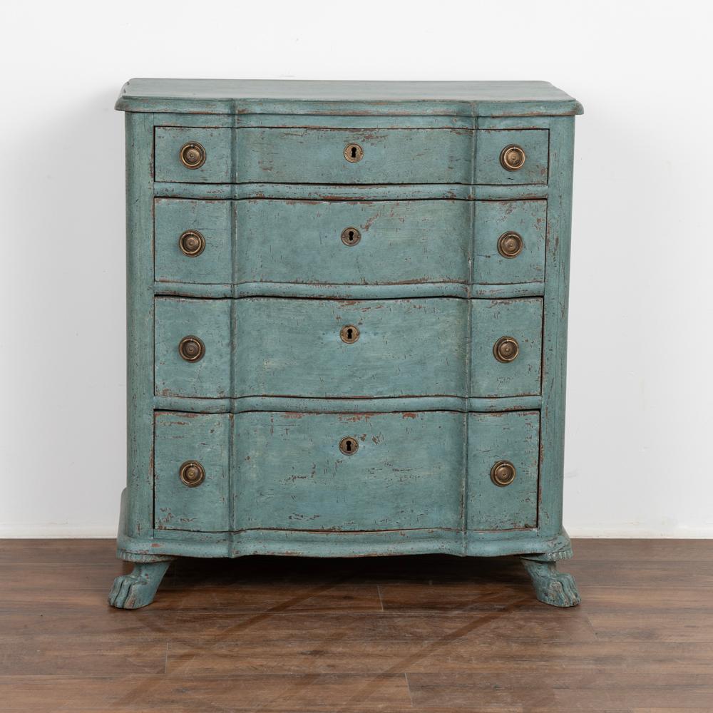 Antique Small Rococo Chest of Four Drawers Painted Blue, Denmark, Circa 1820-40 In Good Condition In Round Top, TX