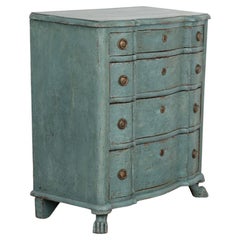 Antique Small Rococo Chest of Four Drawers Painted Blue, Denmark, Circa 1820-40
