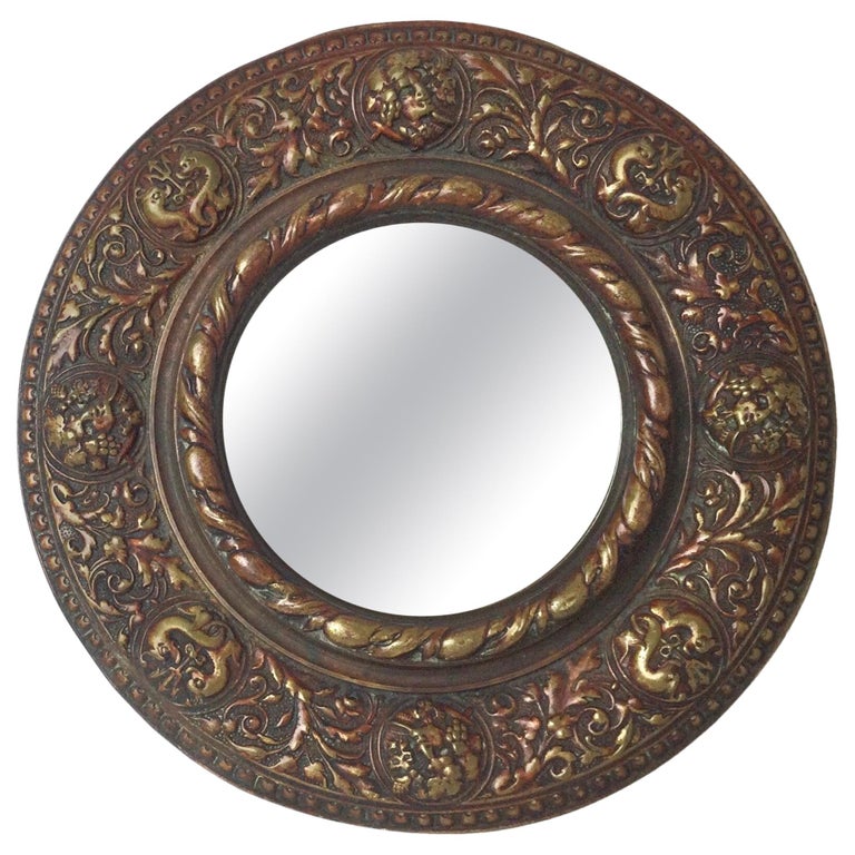 Antique Small Round Bronze Mirror with Repousse and Rope Trim For Sale