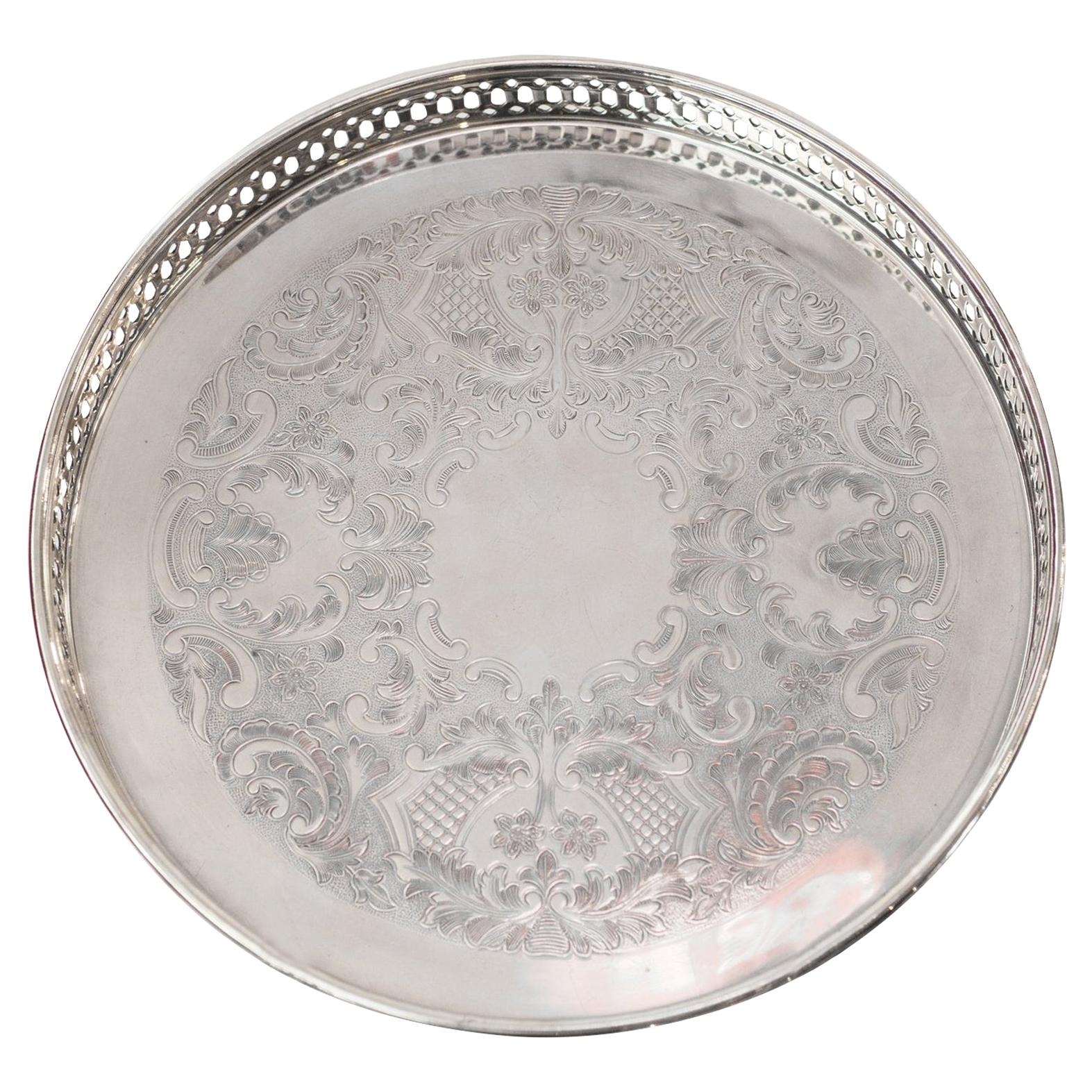 Antique Small Silver Plate Round Serving Tray with Gallery Rim