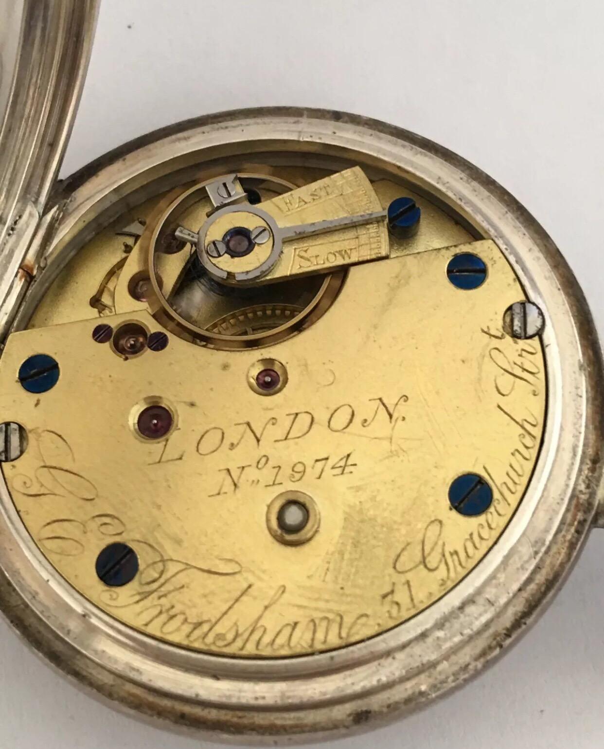 
Antique Small Silver Pocket Watch Signed G.E. Frodsham London No.1974, 31 Gracechurch Street

This good quality watch is in good working condition and is running well.