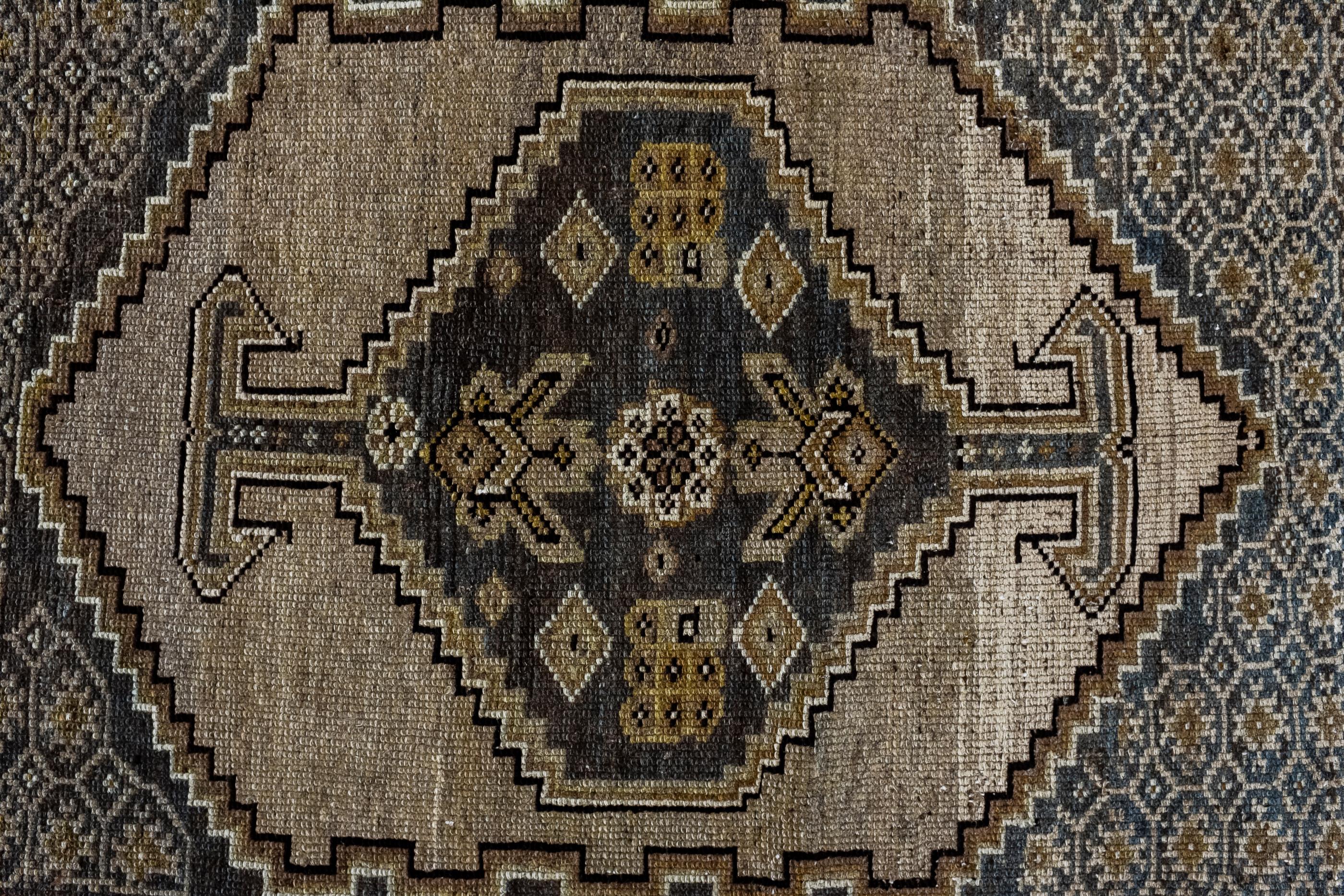 Hand-Knotted Antique Small Size Malayer  with Slate Field and Center Medallion 